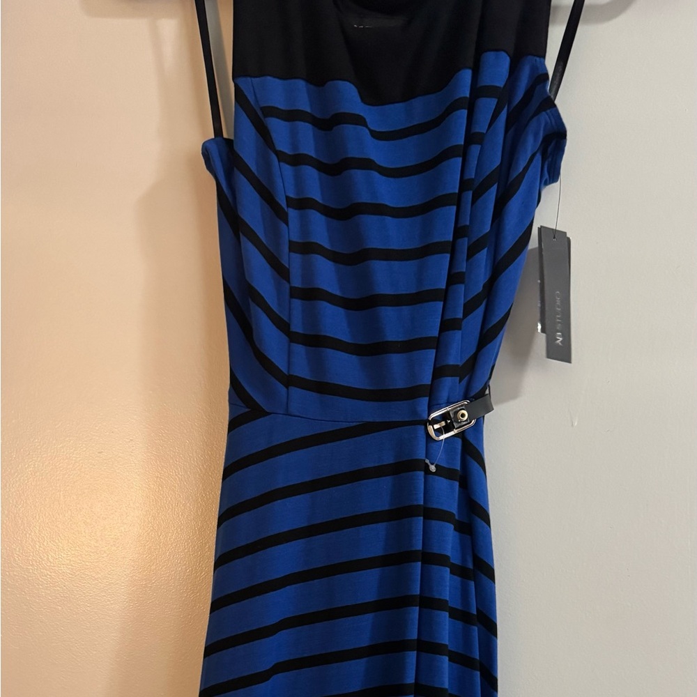 AB Studio Black and Blue Striped Midi Dress